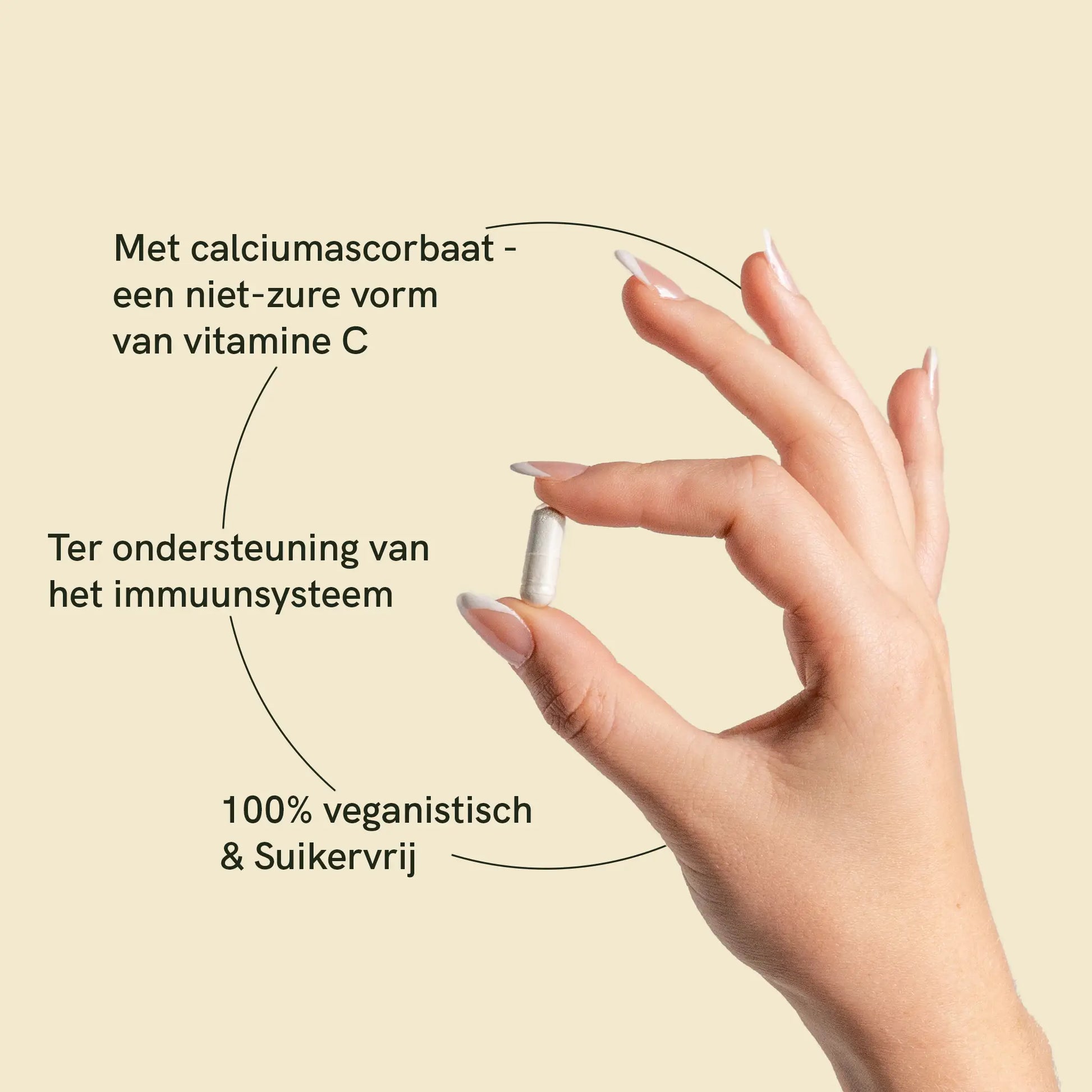 een hand houdt een vitamine c-capsule vast met beschrijving
